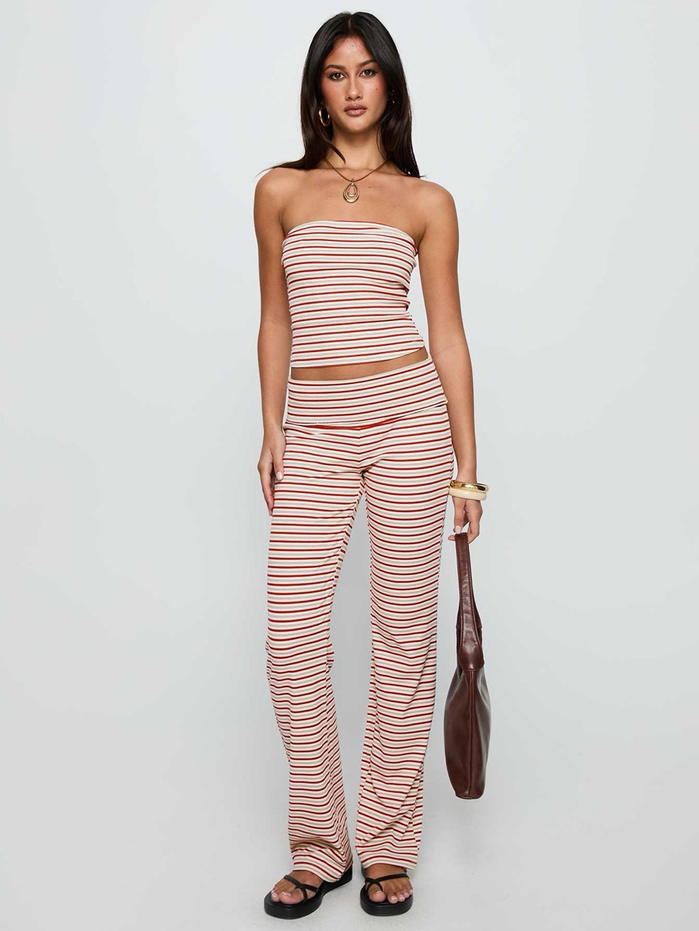 Princess Polly Striped Tube Top & Wide-Leg Pants Set in Cream and Rust